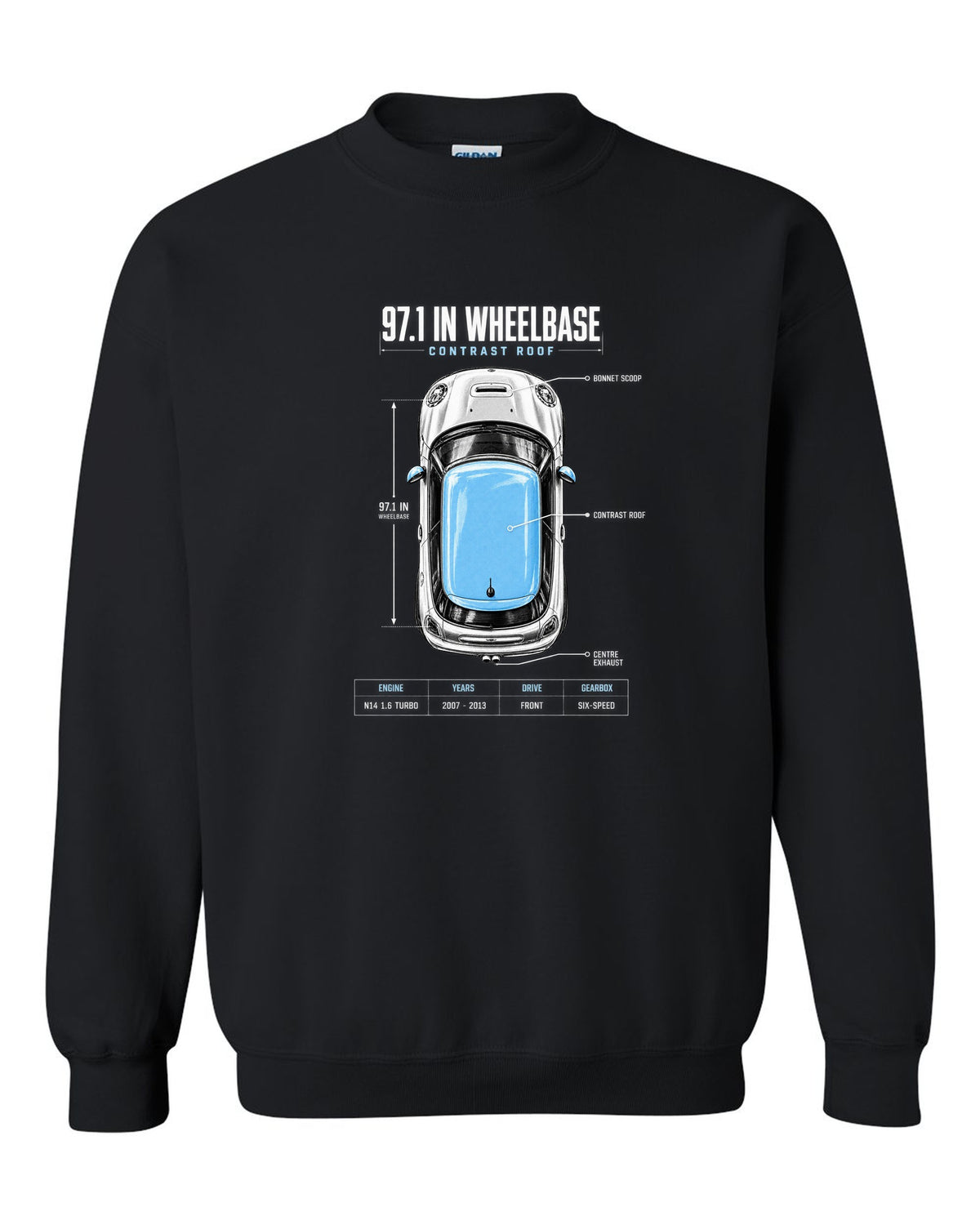 Top-down plan view of a Mini Cooper S R56 on a spec poster print with wheelbase text black crewneck front view with the design