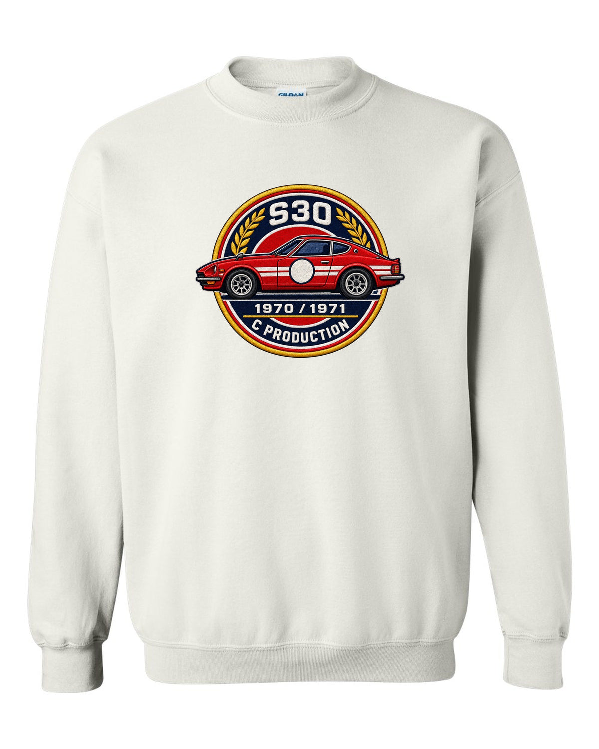 Round crest print for the Datsun 240Z S30 with S30, 1970, 1971 and C Production lettering white crewneck front view with the design