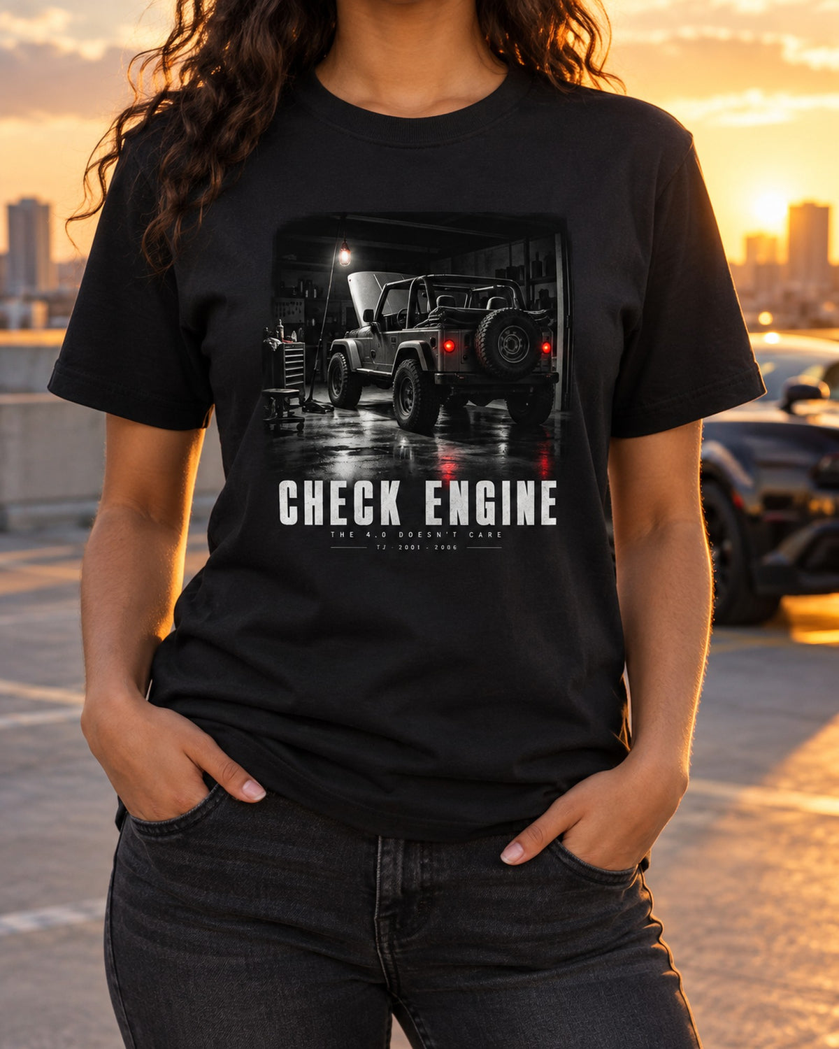 Jeep Wrangler TJ Check Engine Garage Tee, 4.0 Owner Gift T-Shirt Black worn hero