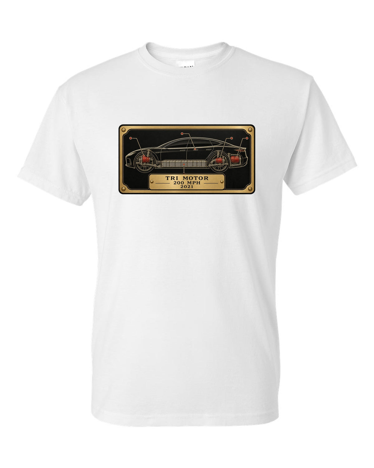 Spec-sheet data plate layout for a 2021 Tesla Model S Plaid with the words Tri Motor 200 MPH 2021 white t-shirt front view with the design