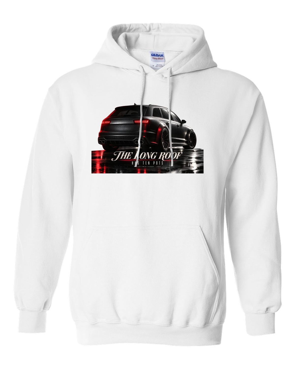 Audi RS6 Avant C6 4F V10 rear three-quarter in a garage with long roof text white pull over hoodie front view with the design