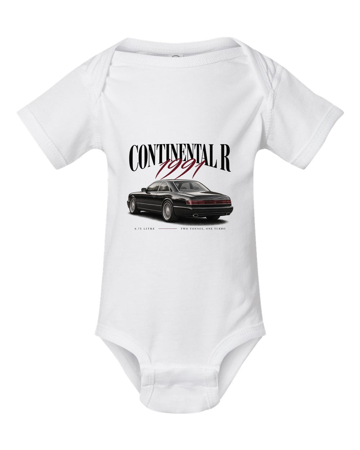 Bentley Continental R editorial headline print white baby onesie front view with the design