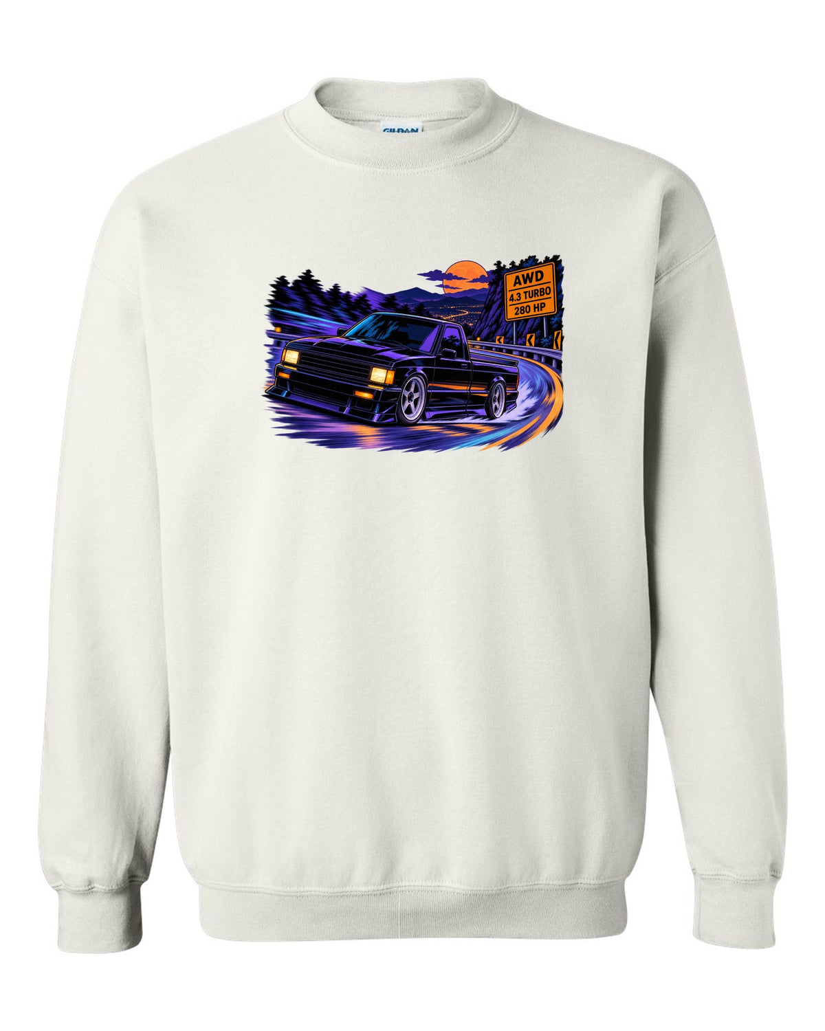 Cel-shaded anime night mountain road print of a 1991 GMC Syclone with AWD 4.3 turbo 280 HP lettering white crewneck front view with the design
