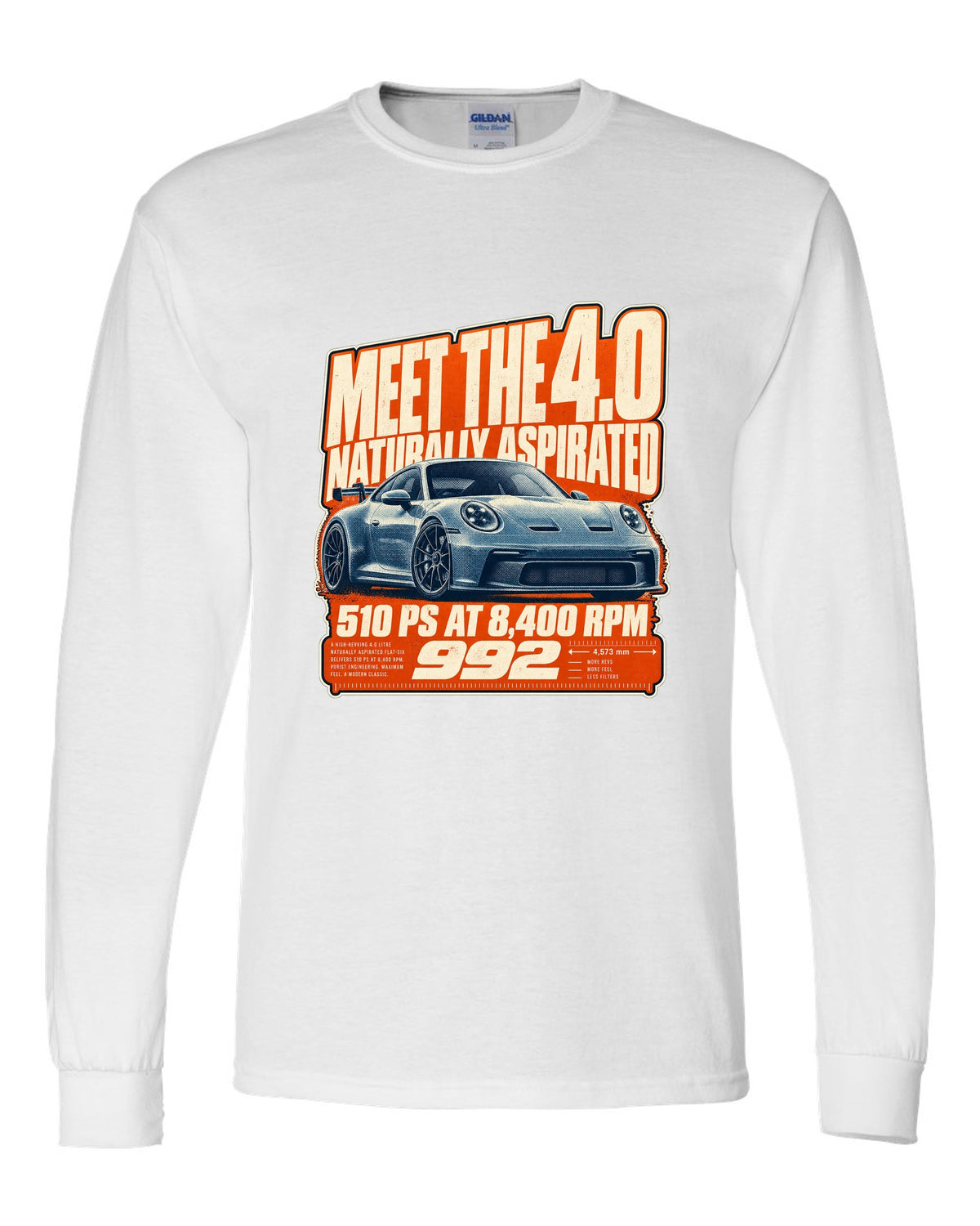Porsche 992 GT3 halftone statement print design white long sleeve front view with the design