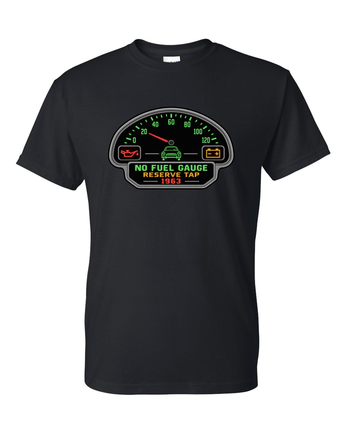 Pixel LED segmented display print of a 1963 VW Beetle Type 1 dashboard with fuel gauge joke black t-shirt front view with the design