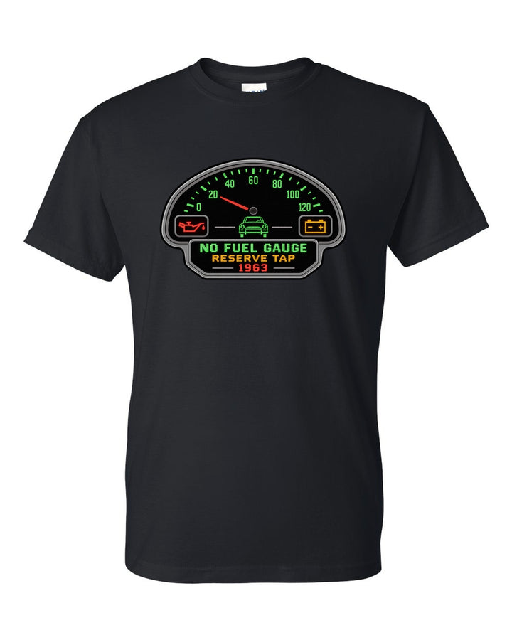 Pixel LED segmented display print of a 1963 VW Beetle Type 1 dashboard with fuel gauge joke black t-shirt front view with the design