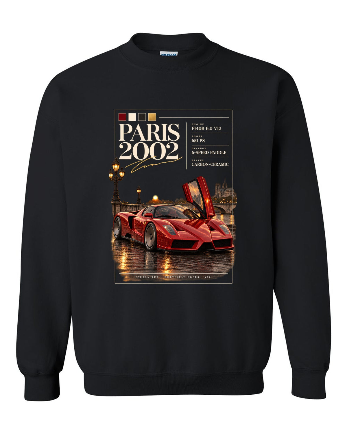 Ferrari Enzo 2002 front three-quarter archive panel print, Paris 2002, F140B V12, 651 PS black crewneck front view with the design