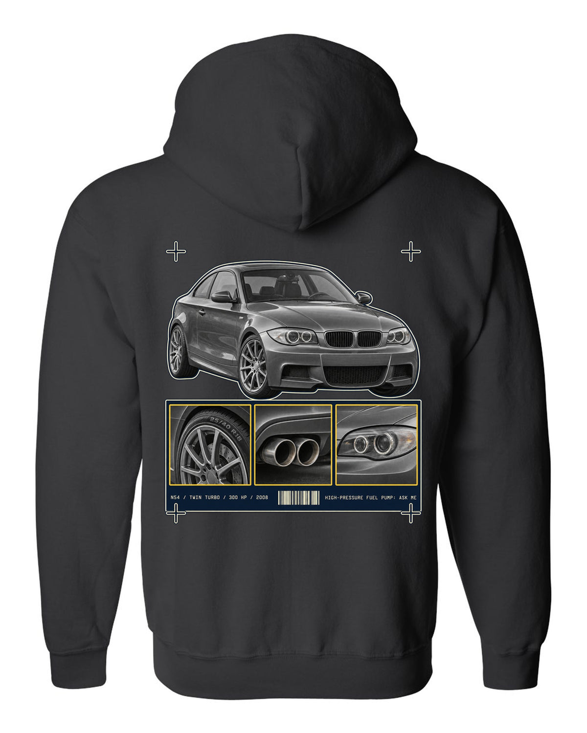BMW 135i E82 coupe dossier panel print with N54 specs black zip hoodie back view with the design