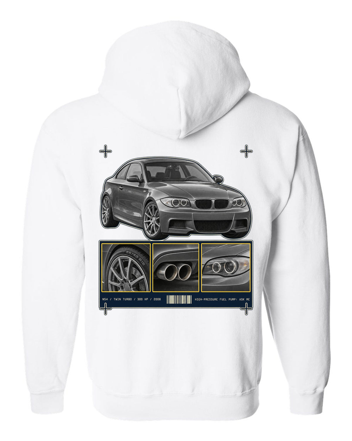 BMW 135i E82 coupe dossier panel print with N54 specs white zip hoodie back view with the design
