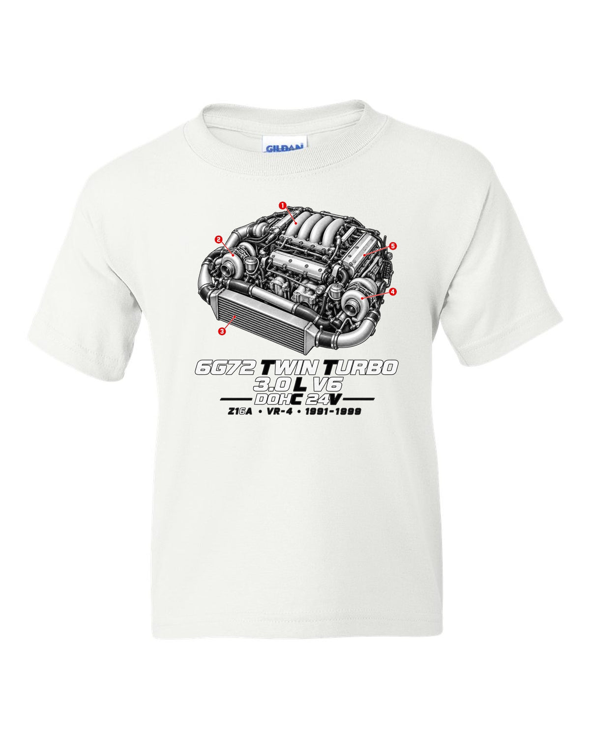 Mitsubishi 3000GT VR-4 Z16A engine bay with 6G72 twin turbo V6 specs white kids tee front view with the design