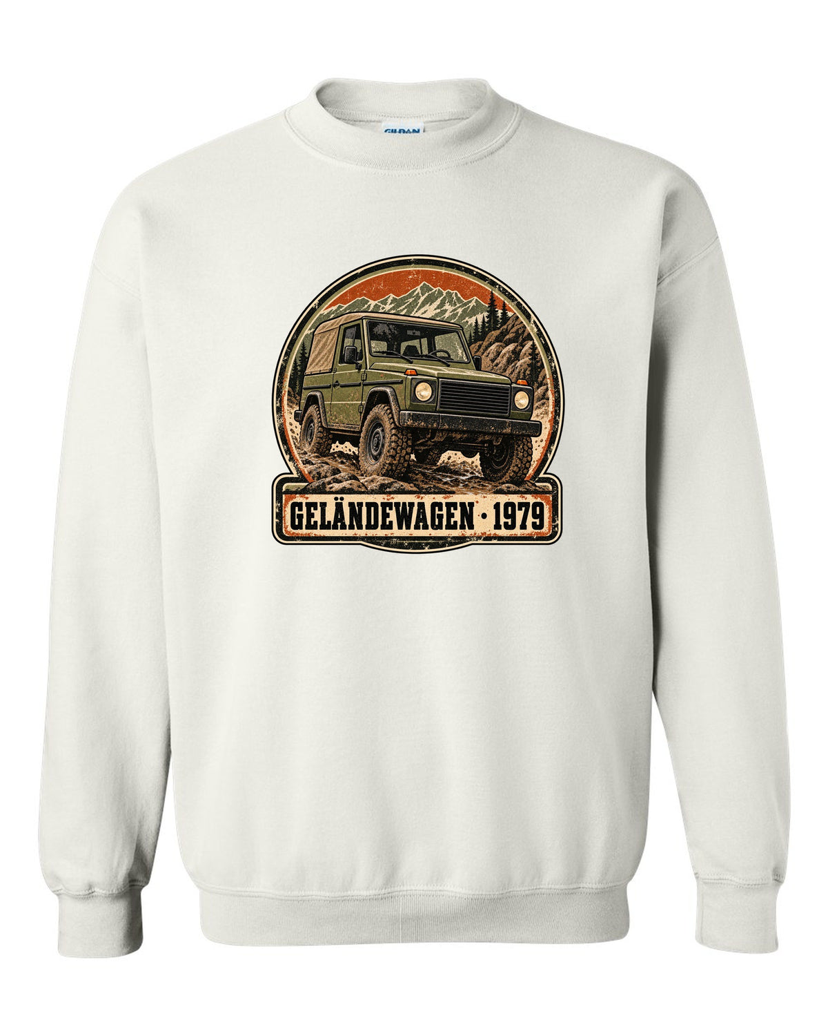 Flat minimal vector graphic of keys on a dish reading 12 MPG Worth It for a Mercedes G63 W464, print white crewneck front view with the design