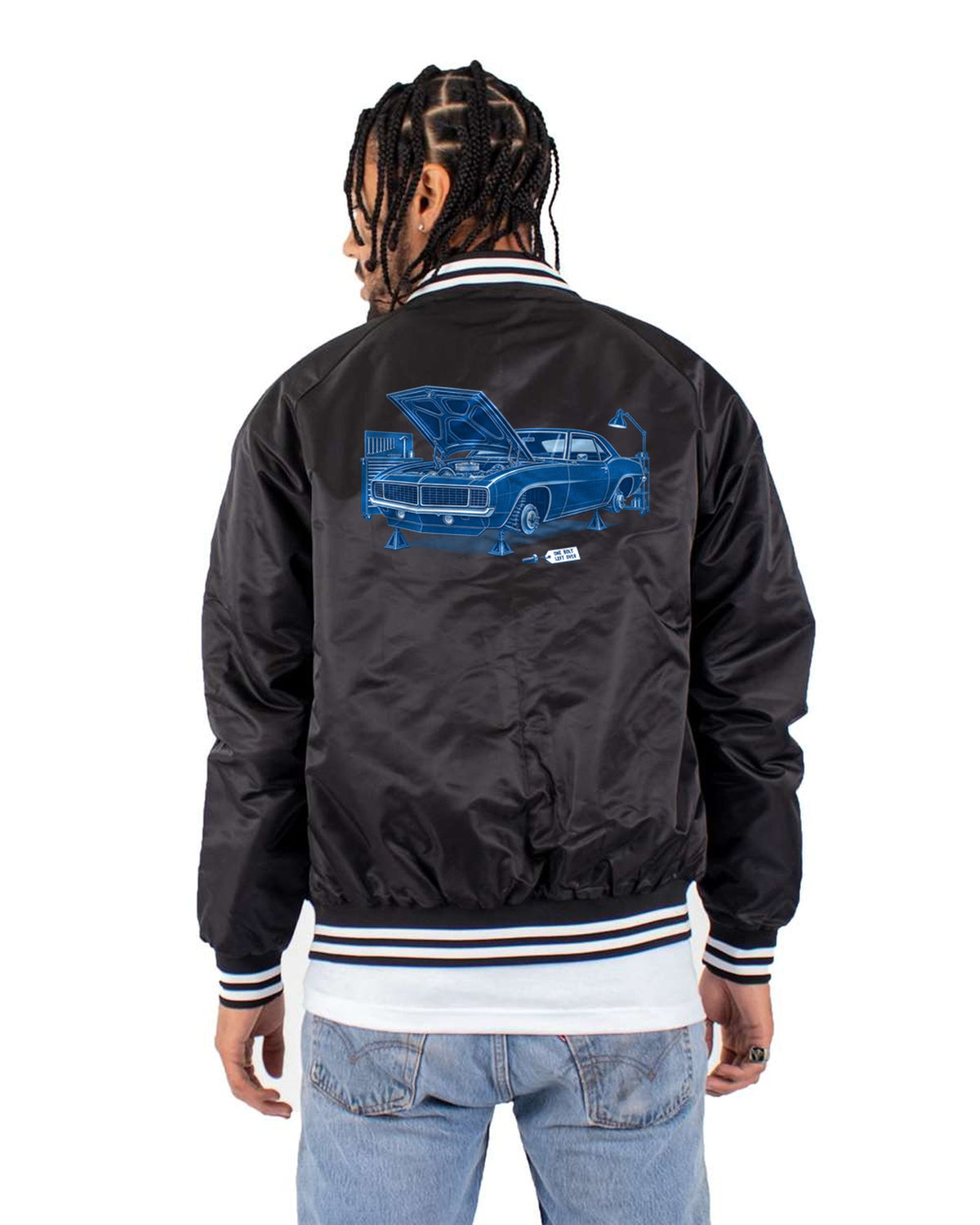 1969 Camaro Cyanotype Shirt, One Bolt Left Over Garage Tee Bomber Jacket Black back