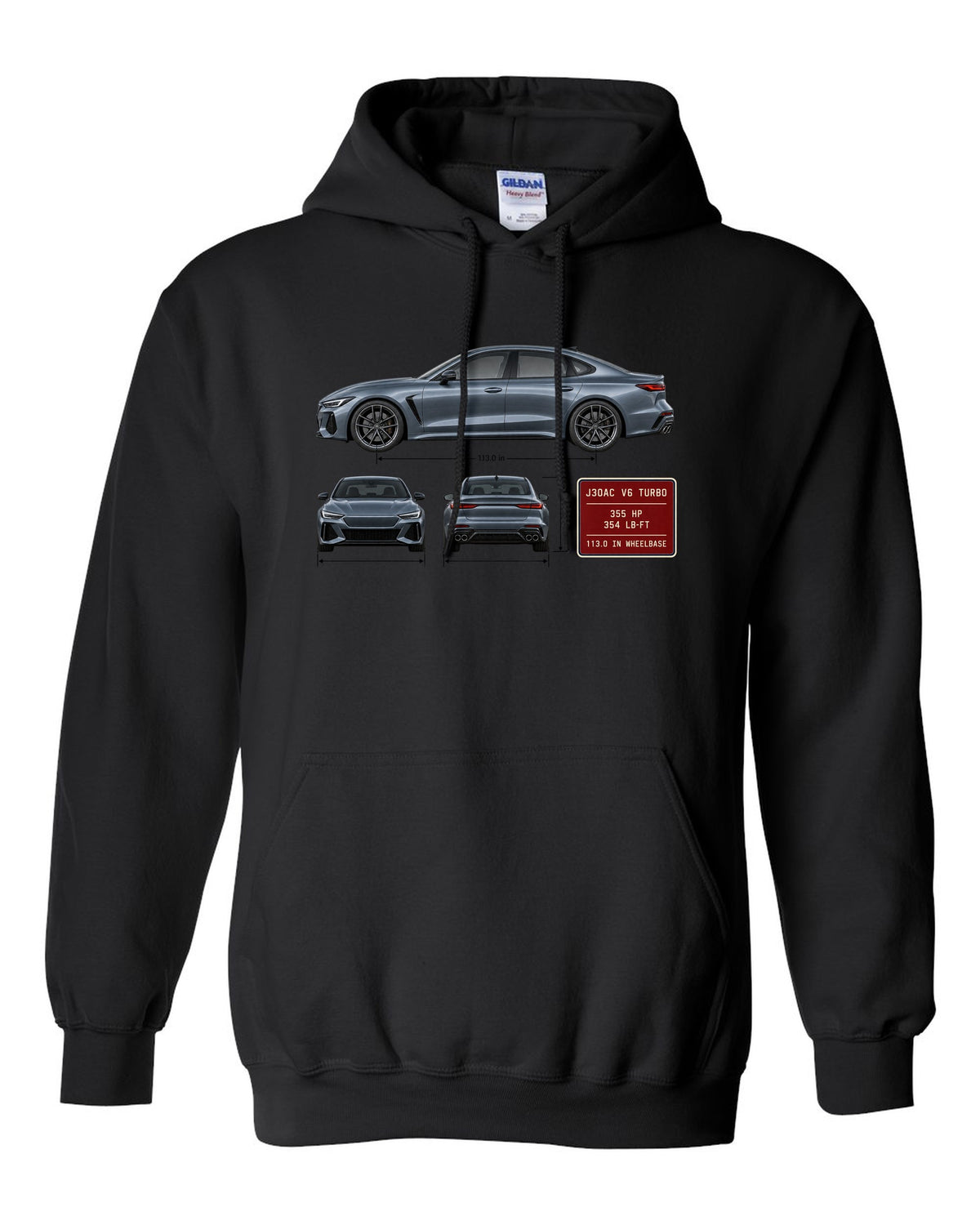 Acura TLX Type S three-view spec table print black pull over hoodie front view with the design