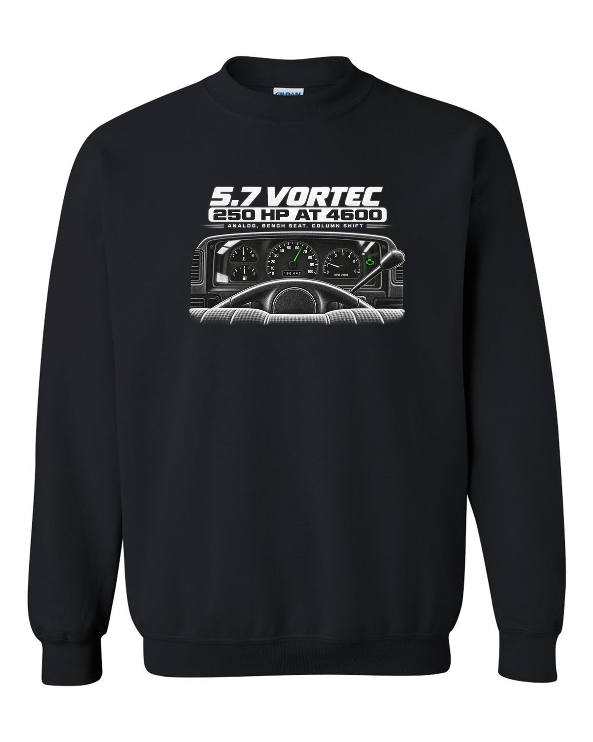 OBS Chevy C1500 cockpit and gauge cluster print black crewneck front view with the design