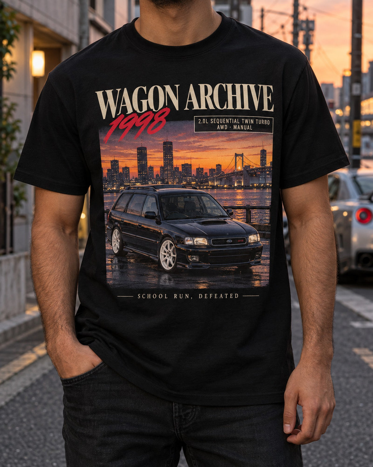 Subaru Legacy GT-B BH5 School Run Defeated Wagon Archive Tee T-Shirt Black worn hero