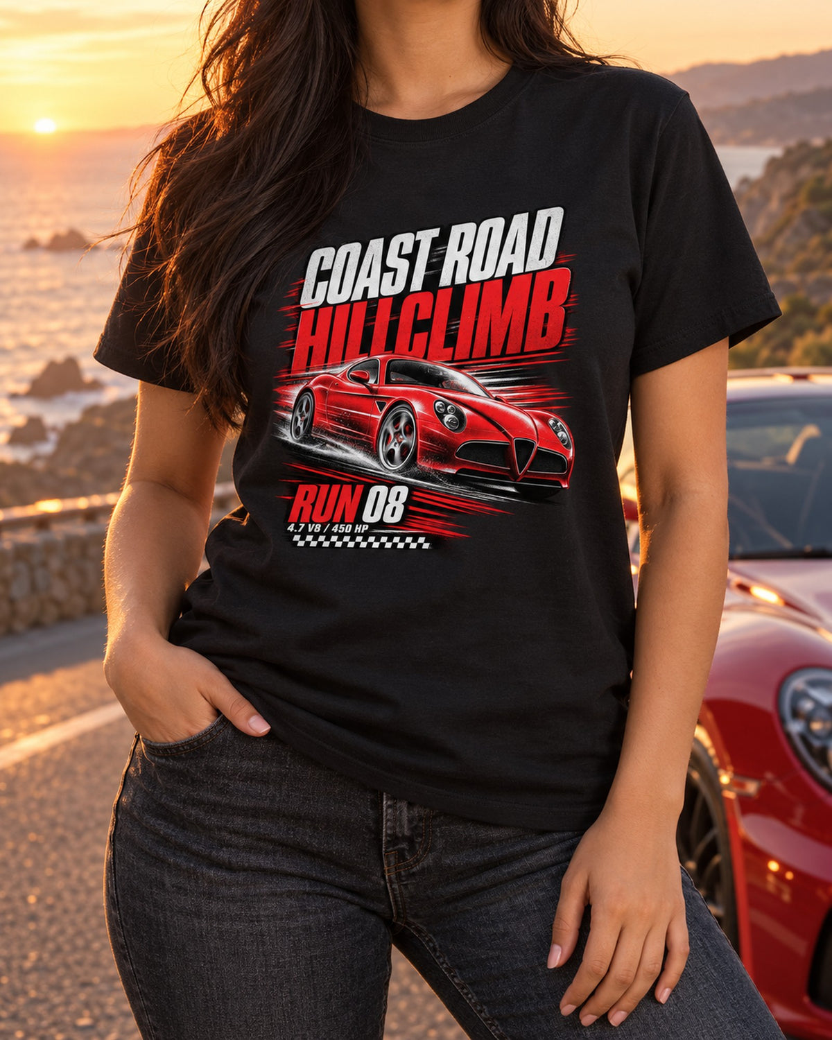 Alfa Romeo 8C Competizione Coast Road Hillclimb Poster Tee, Run 08 T-Shirt Black worn hero