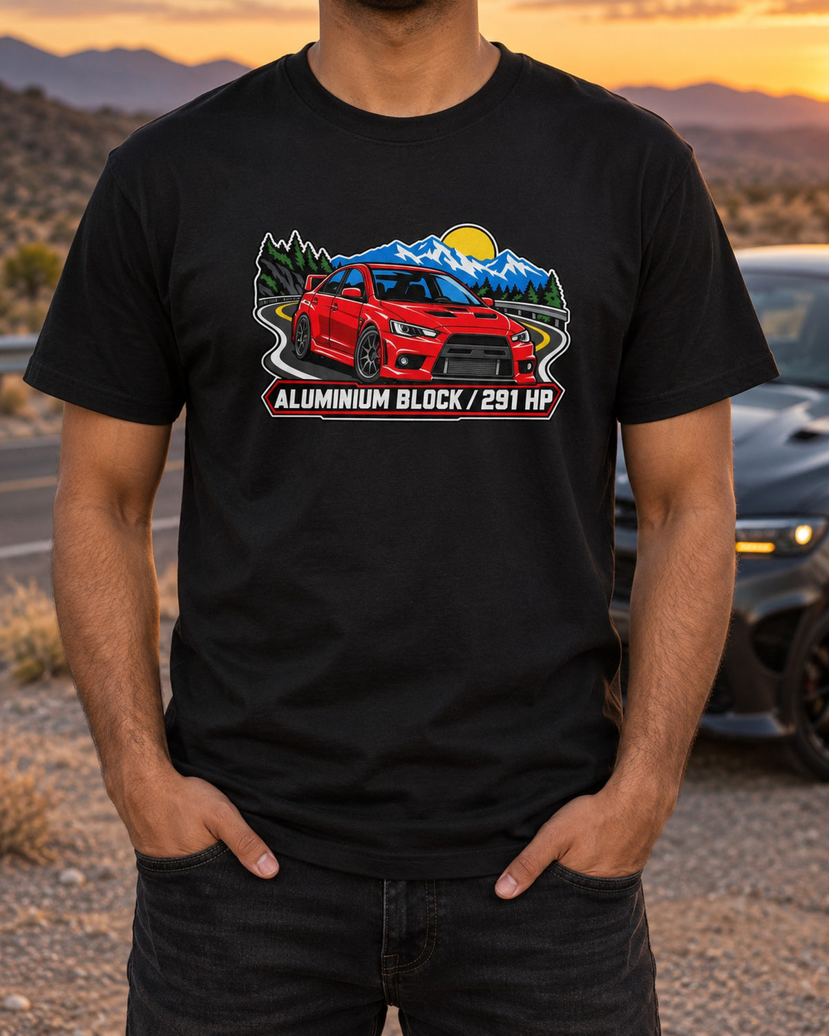 Three-Colour Screen Print Evo X CZ4A Shirt, All Four Left The Ground T-Shirt Black worn hero