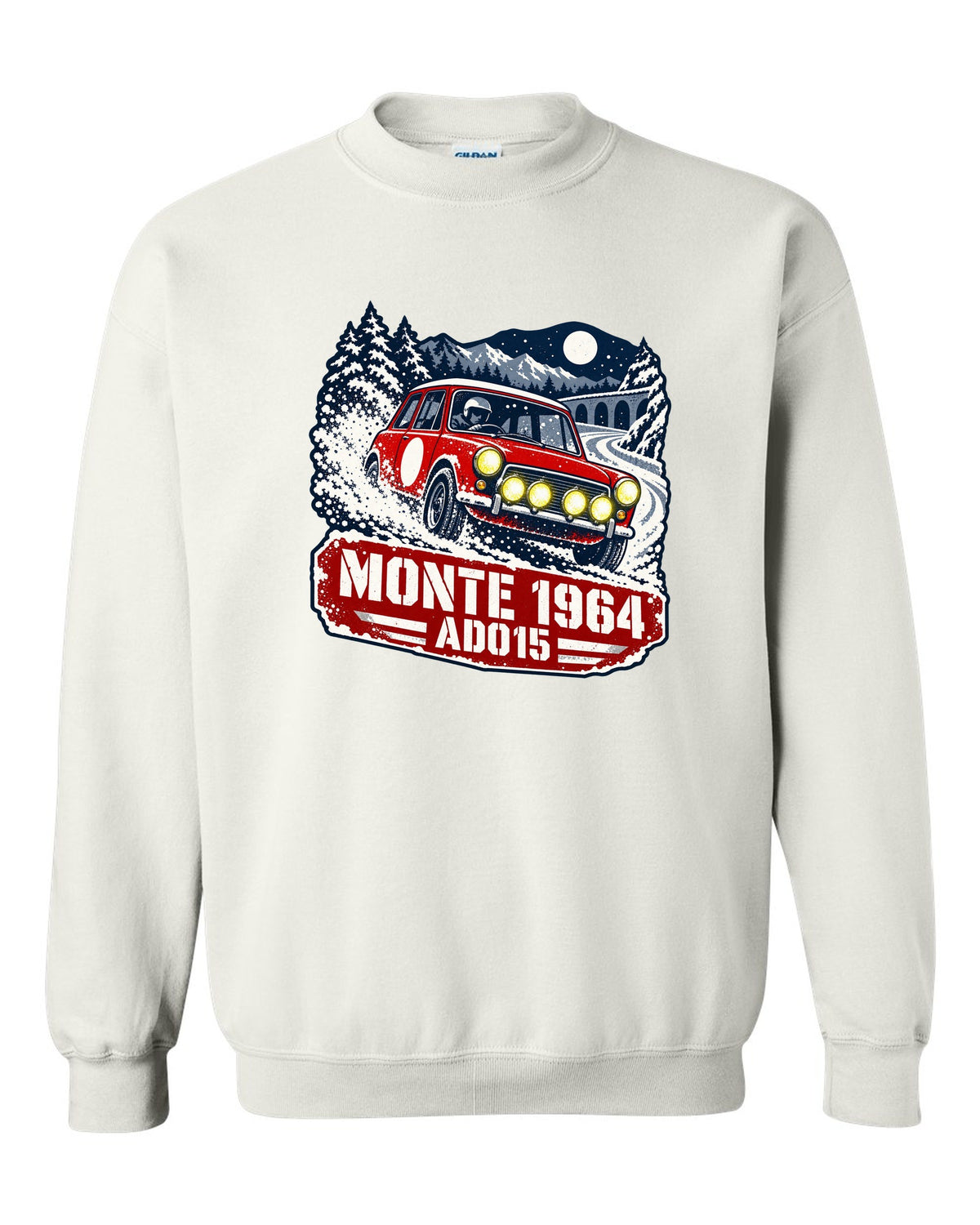 Stencil rally poster print of a Classic Mini Cooper S ADO15 on a night stage for Monte 1964 white crewneck front view with the design