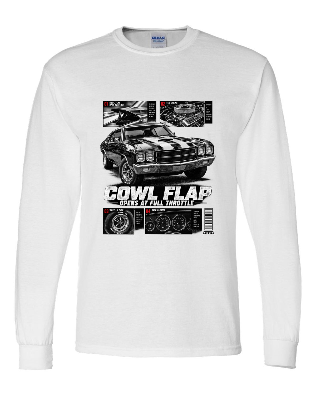 1970 Chevelle SS 454 dossier panel print with cowl flap detail white long sleeve front view with the design