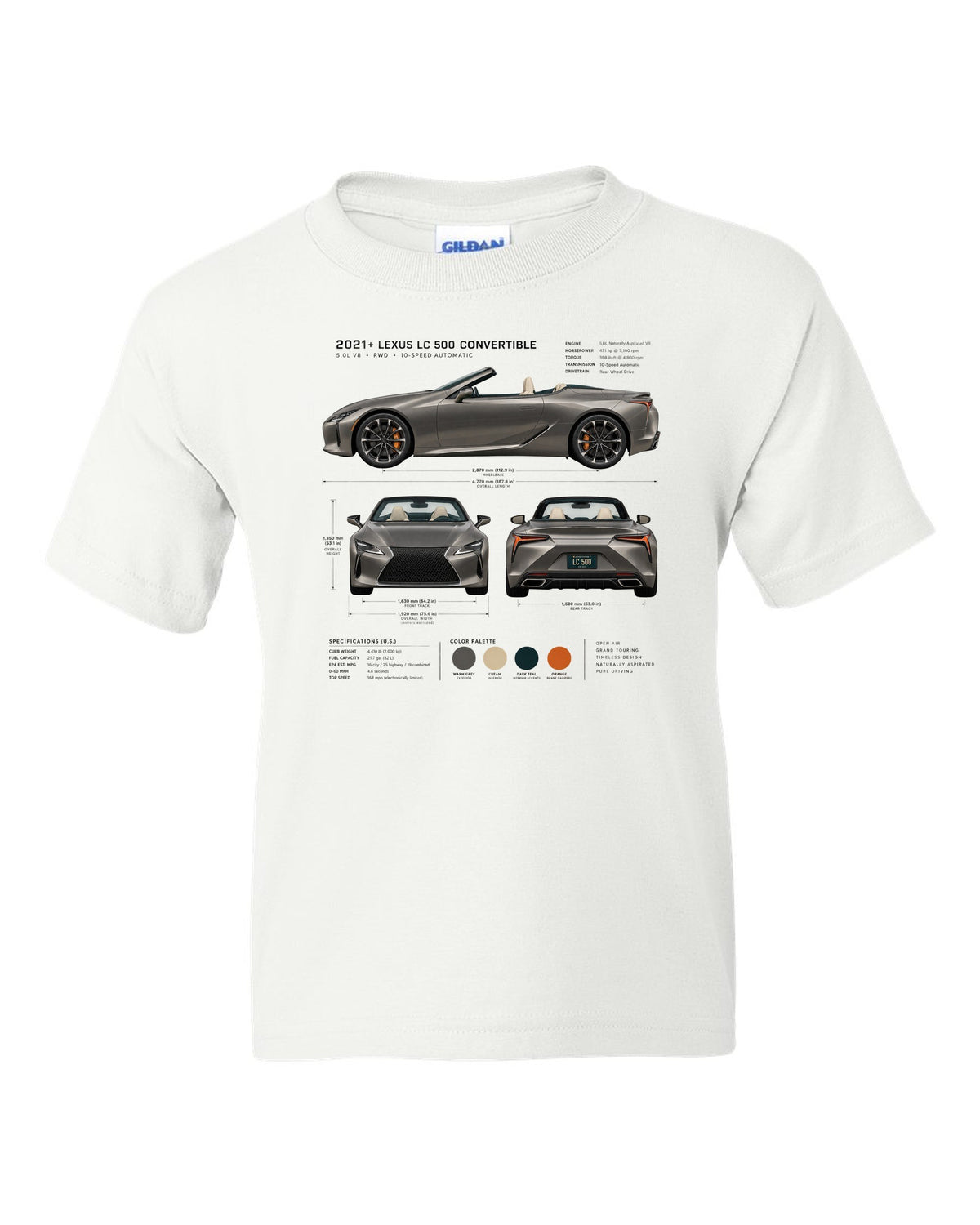 Three-view drawing of the Lexus LC 500 Convertible with spec table white kids tee front view with the design