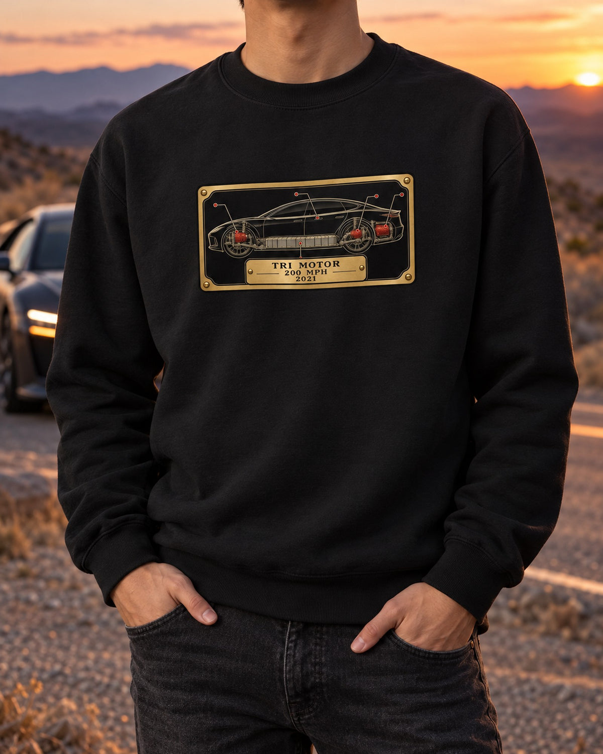 Tesla Model S Plaid Spec Sheet Data Plate Shirt, Car Guy Gift Crewneck Black worn hero