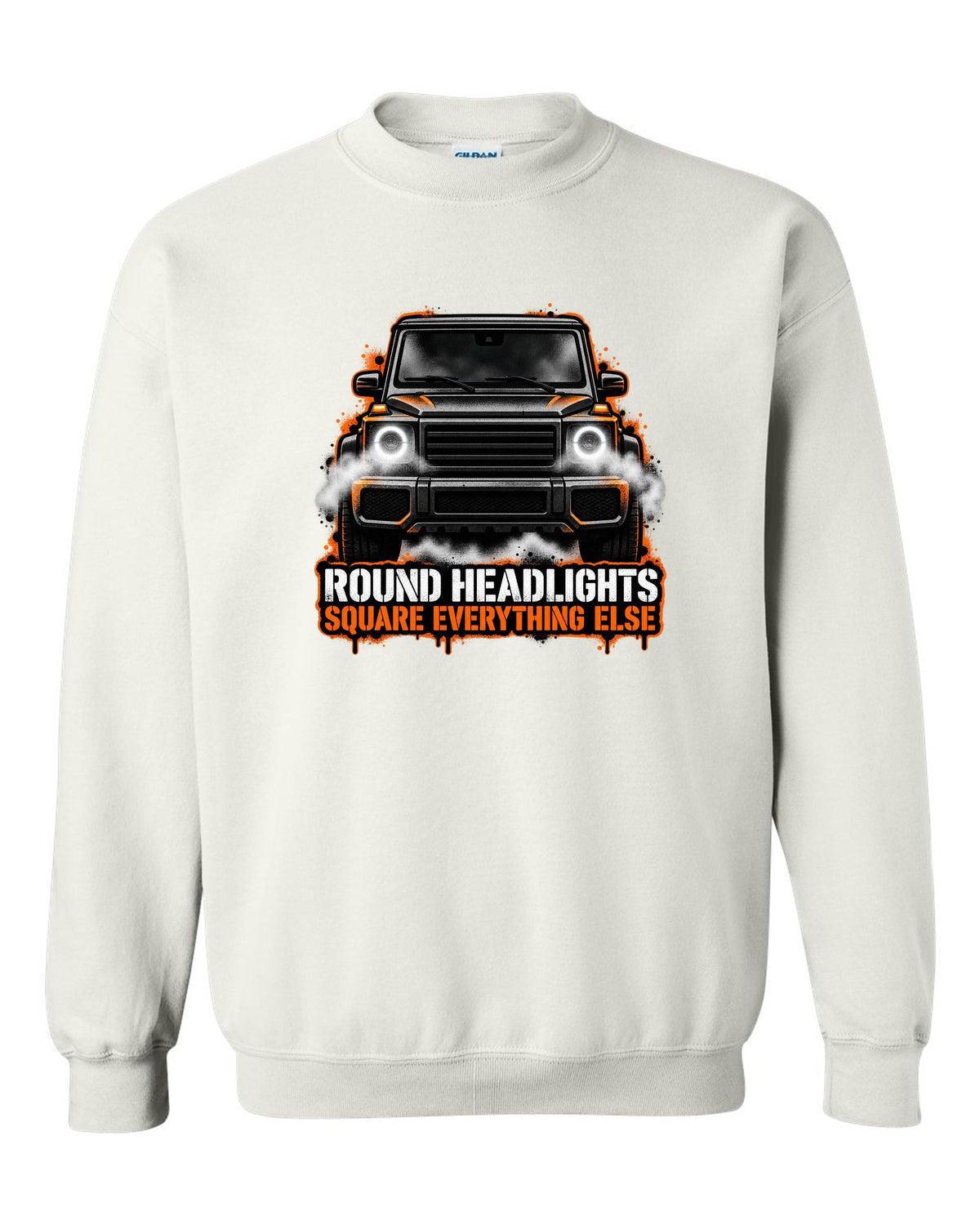 Sticker-bomb collage graphic with the word Clunk for a Mercedes G-Class W463, print white crewneck front view with the design