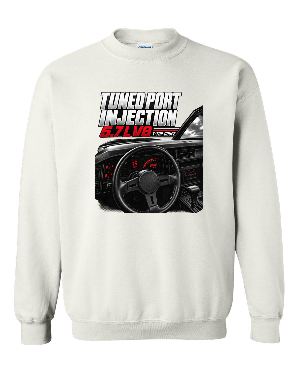 Cockpit and gauge cluster print of a 1988 Chevrolet Camaro IROC-Z with 5.7 L V8 text white crewneck front view with the design