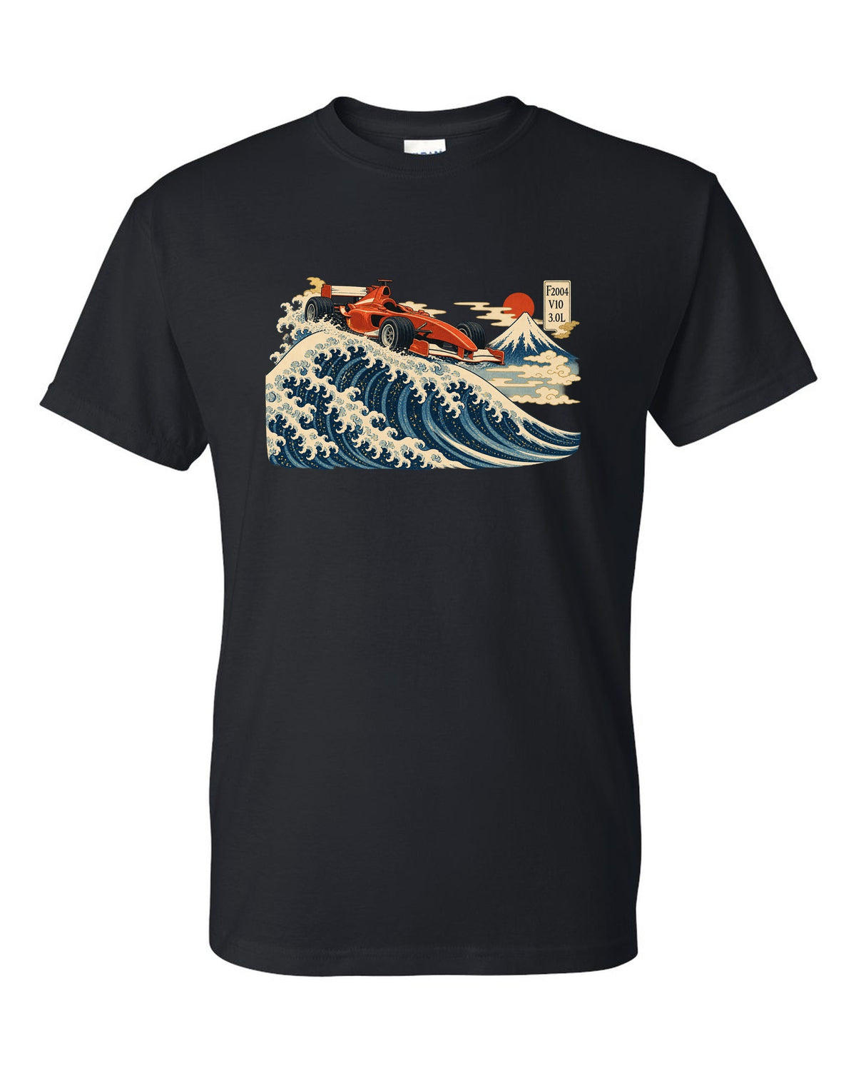Woodblock print style Ferrari F2004 Formula 1 car in front of a wave with V10 lettering black t-shirt front view with the design