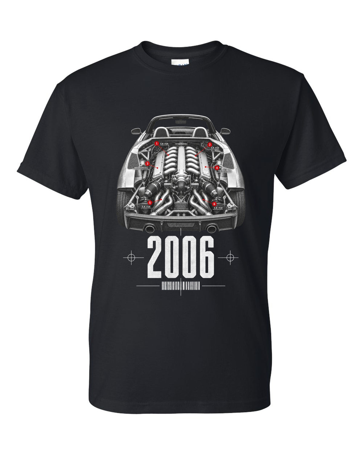 Engine hero print of a Lamborghini Gallardo Spyder with 5.0 V10 and 90 Degrees text black t-shirt front view with the design