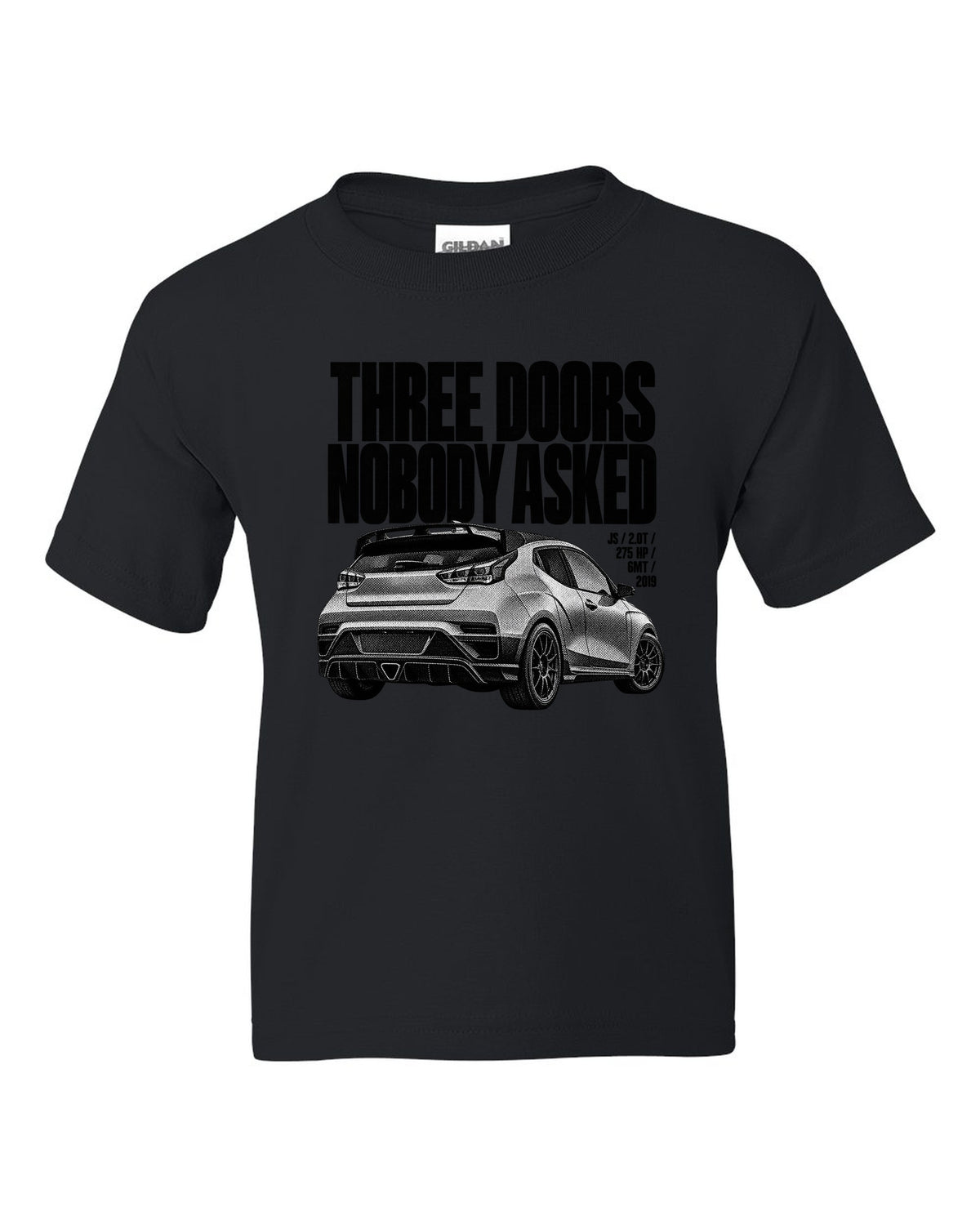 Hyundai Veloster N JS halftone print with three doors text black kids tee front view with the design