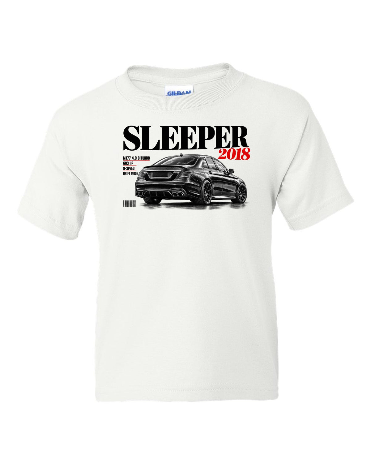 print editorial headline of a Mercedes W213 E63 S M177 with text Sleeper 2018 4.0 Biturbo 603 HP white kids tee front view with the design