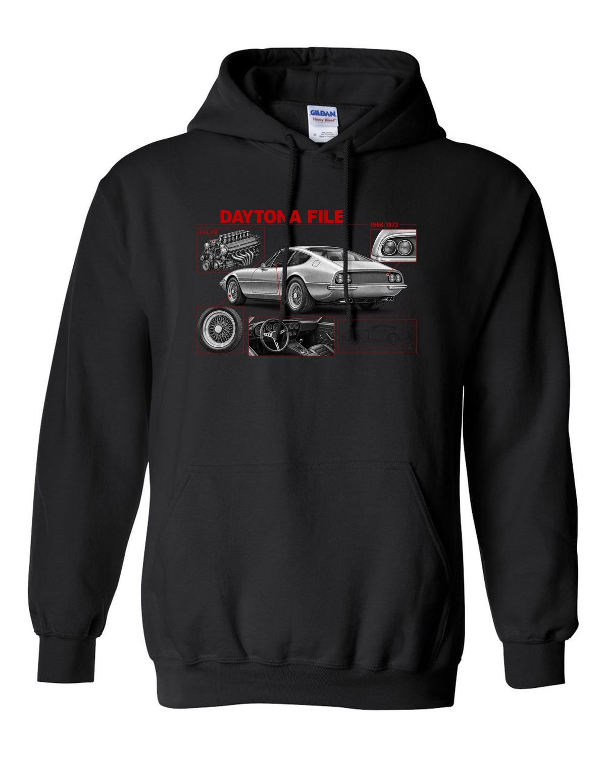 Engine hero print of a Ferrari 365 GTB/4 Daytona V12 with six twin-choke Weber carburettors black pull over hoodie front view with the design