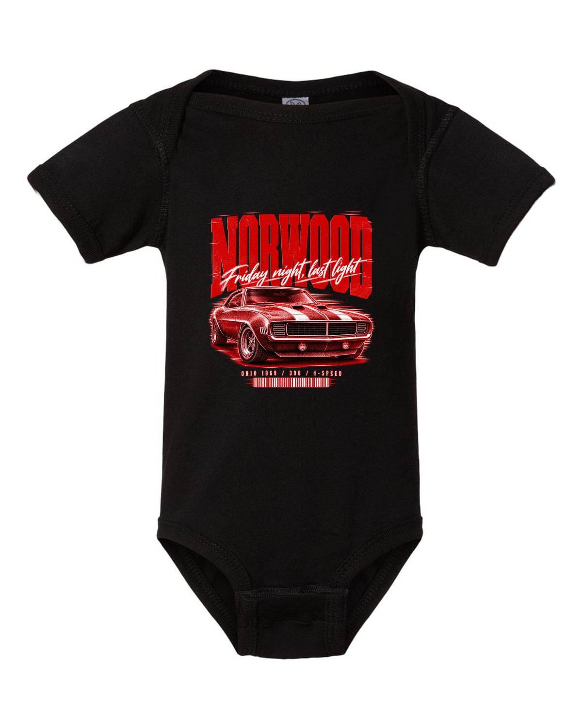 Street-poster print of a 1969 Chevrolet Camaro in Norwood, Ohio with 396 4-speed text black baby onesie front view with the design