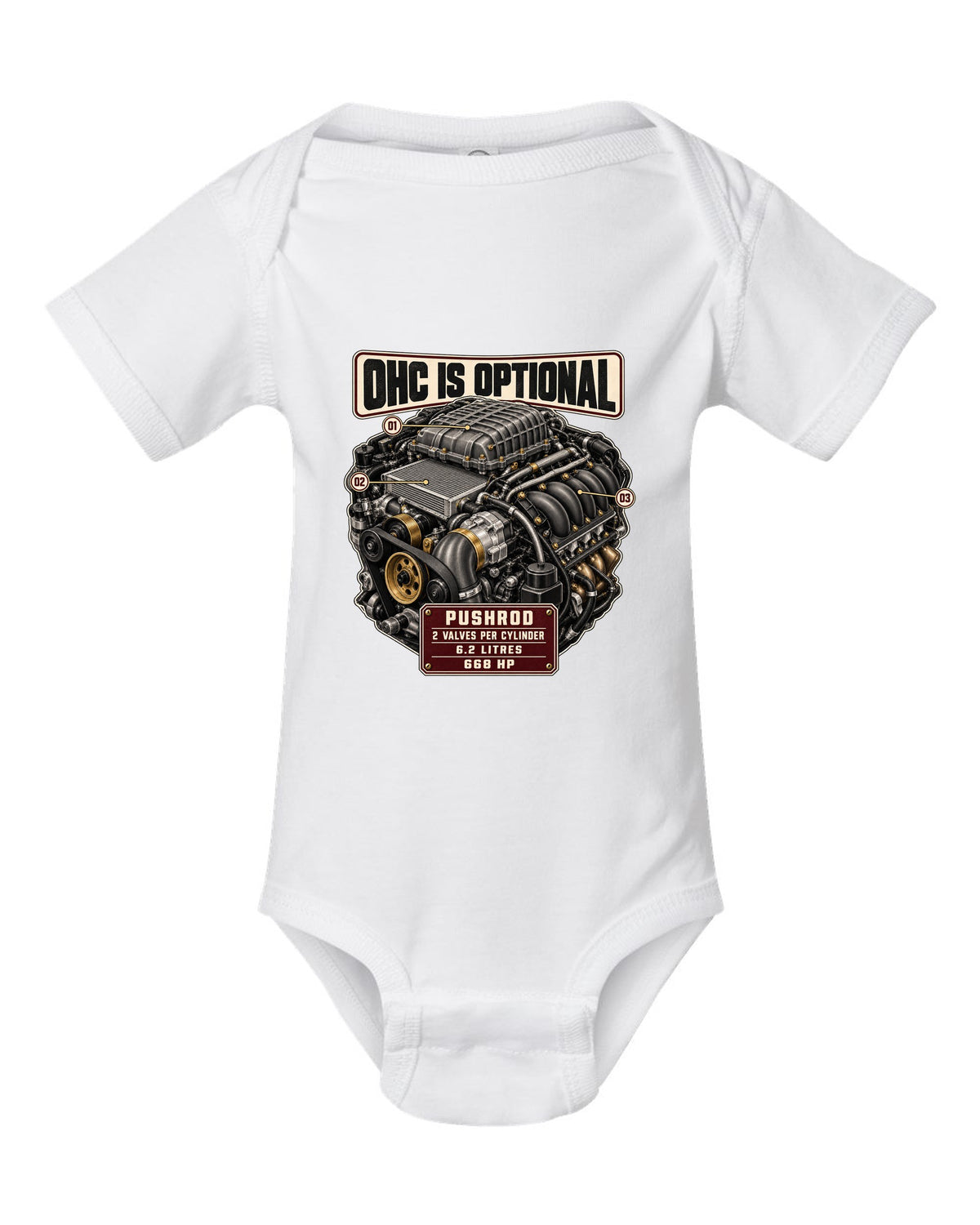 print of the Cadillac LT4 6.2L supercharged V8 engine from the CT5-V Blackwing white baby onesie front view with the design