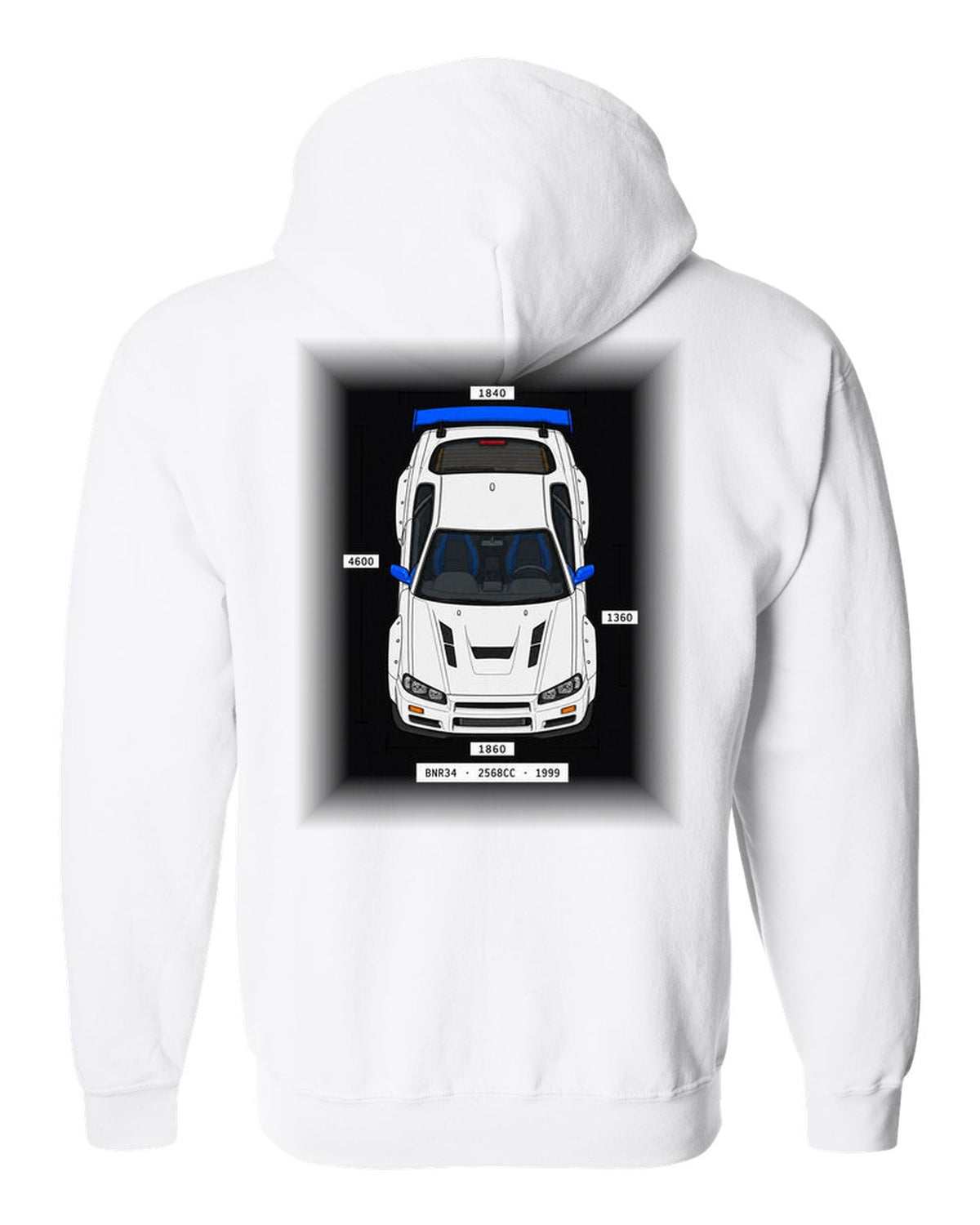 Spec-sheet data plate print reading BNR34 2568cc 1999 for the Nissan Skyline GT-R R34 white zip hoodie back view with the design
