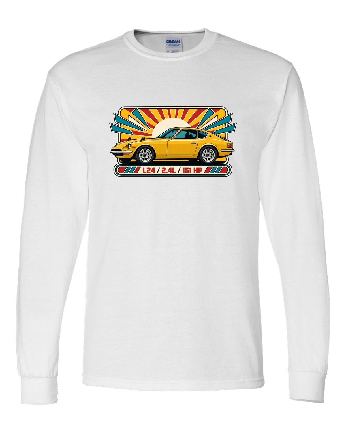 Retro 1970s catalogue ad print of the Datsun 240Z S30 with L24 2.4L 151 HP lettering white long sleeve front view with the design