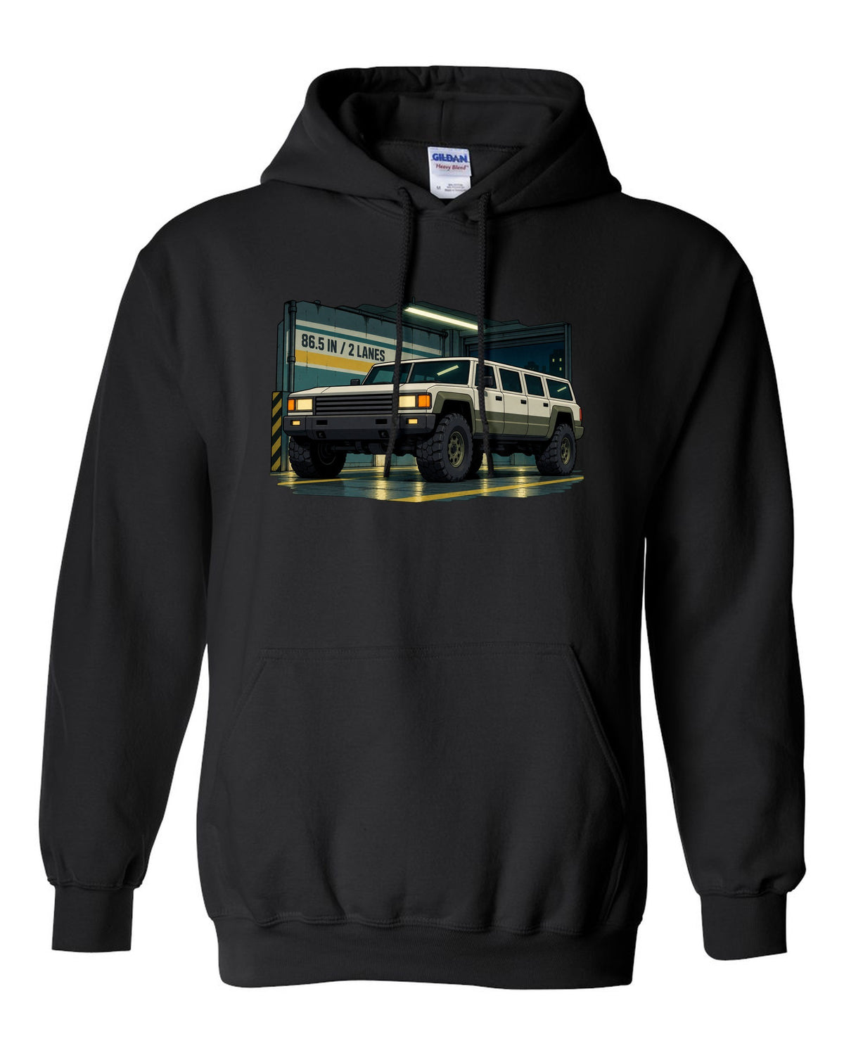 Cel-shaded 90s anime style Hummer H1 in a garage with 86.5 IN and 2 LANES text black pull over hoodie front view with the design