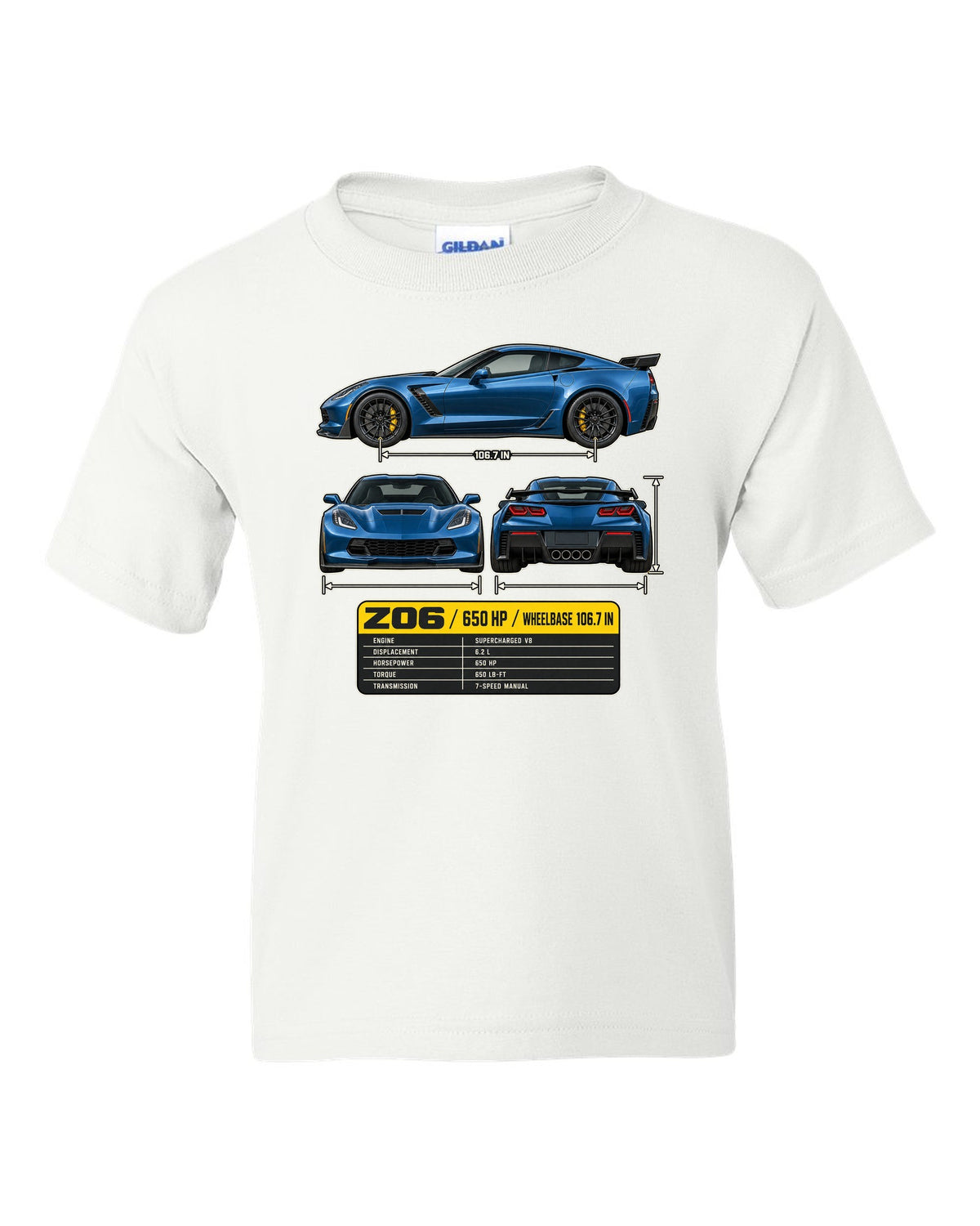 print of a Chevrolet Corvette C7 Z06 three-view drawing with a spec table white kids tee front view with the design