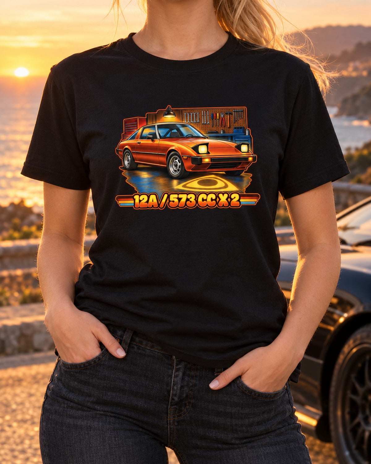 Mazda RX-7 SA22C 12A Seventies Airbrush Poster Shirt T-Shirt Black worn hero