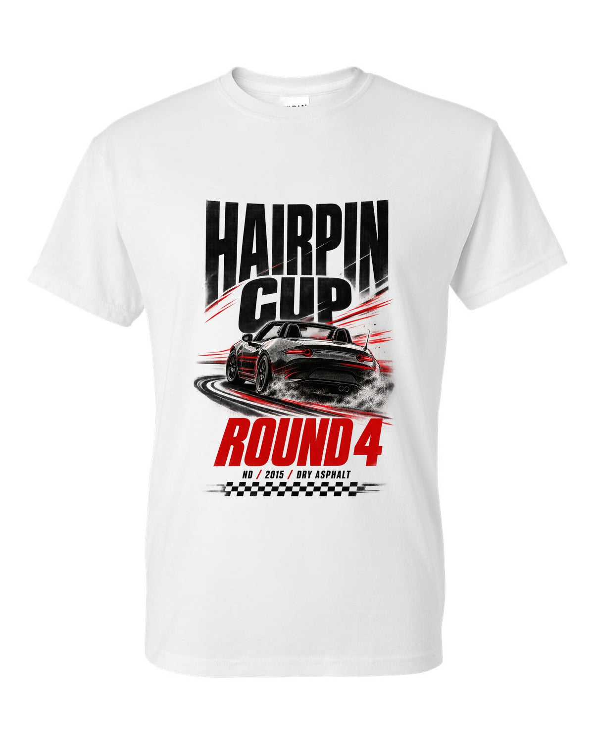 Race poster print of a Mazda MX-5 ND for the Hairpin Cup round 4 white t-shirt front view with the design