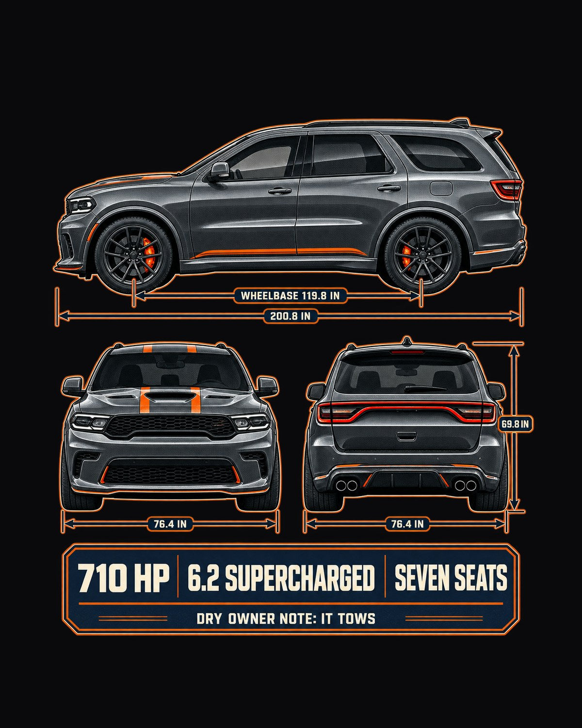 Dodge Durango SRT Hellcat 2021 Three-View Spec Shirt design only