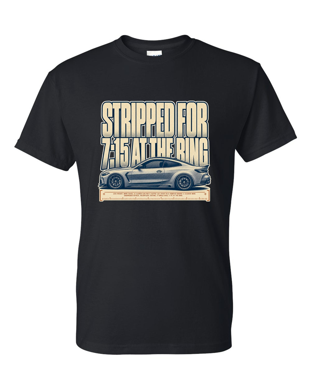 BMW M4 CSL G82 halftone print with 7:15 at the Ring text black t-shirt front view with the design