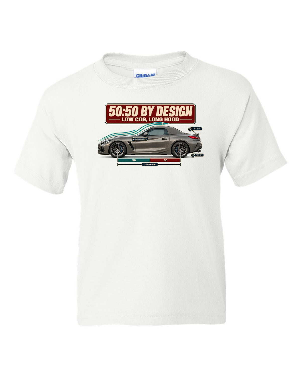 Aero cutaway callout print of the BMW Z4 G29 with 50:50 and long hood notes white kids tee front view with the design