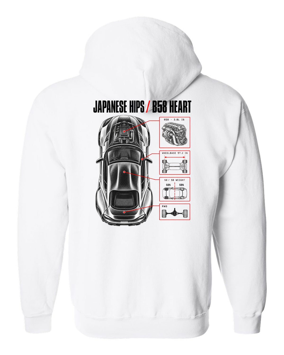 Spec poster print of a Toyota GR Supra A90 with the text Japanese Hips B58 Heart white zip hoodie back view with the design
