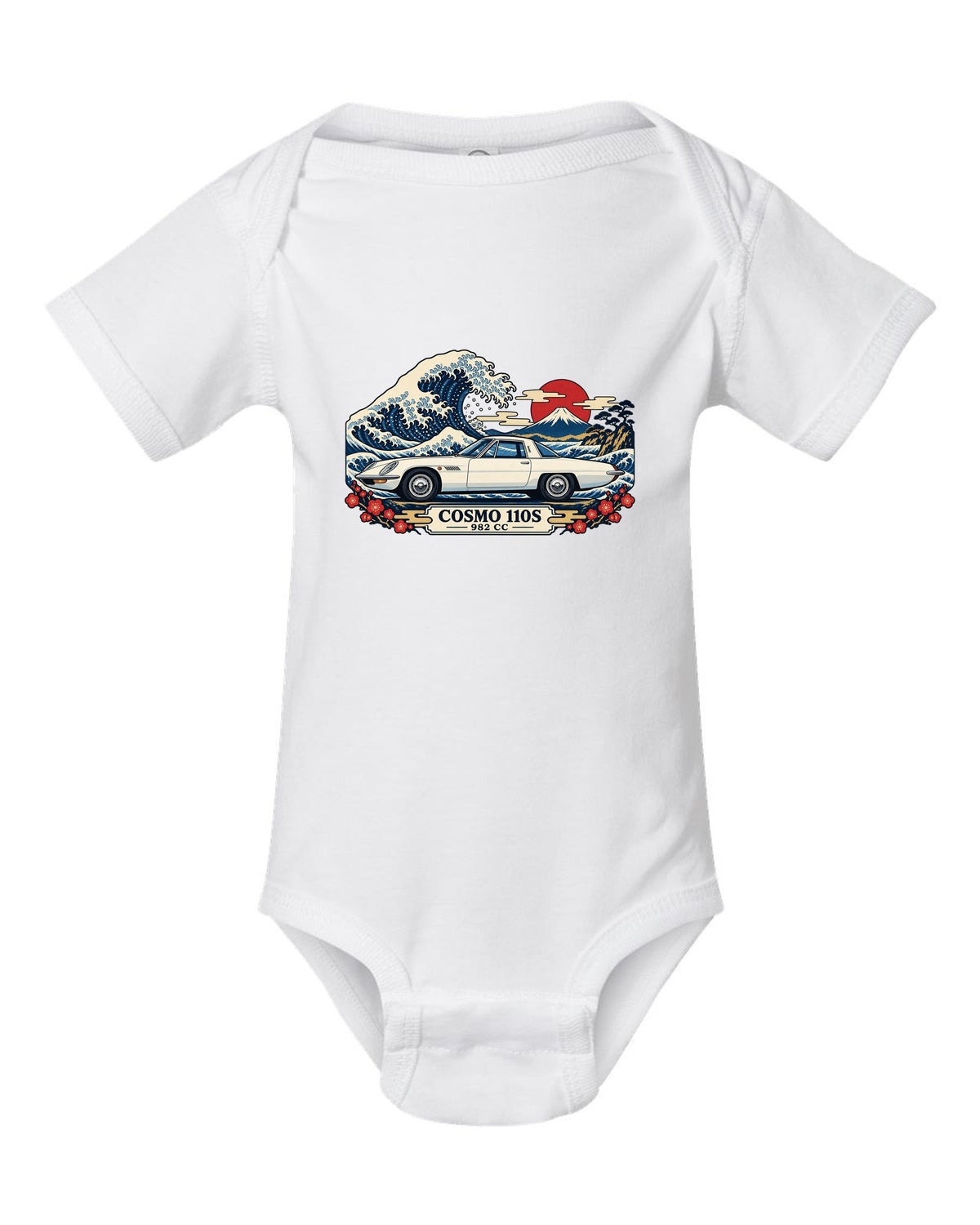 Ukiyo-e woodblock illustration of the Mazda Cosmo Sport 110S with a wave and 982 CC lettering white baby onesie front view with the design