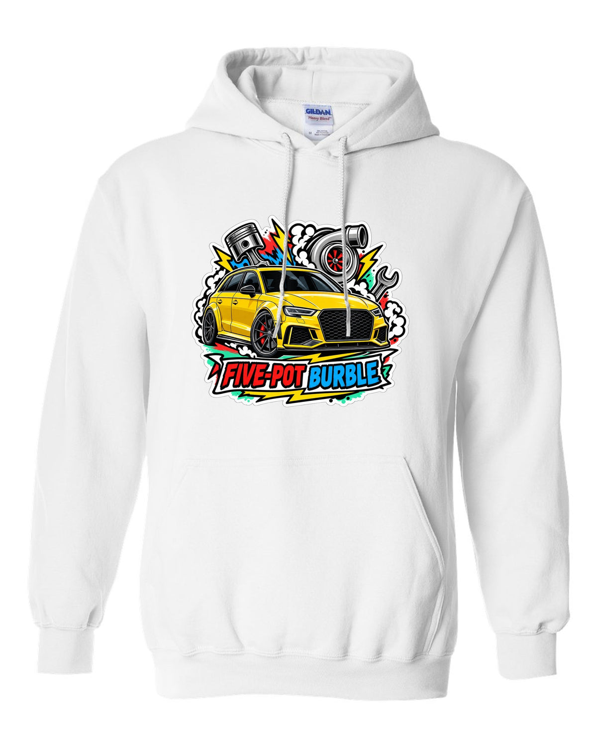 Sticker bomb collage print of an Audi RS3 8V with five-pot burble text white pull over hoodie front view with the design