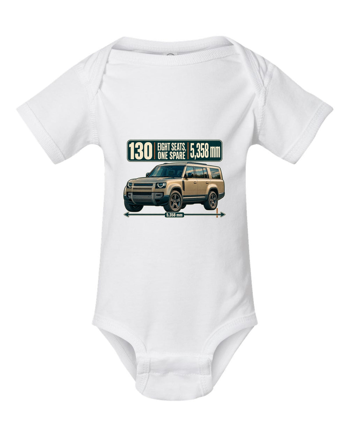 Editorial headline print for the Land Rover Defender 130 L663 with eight seats and length white baby onesie front view with the design