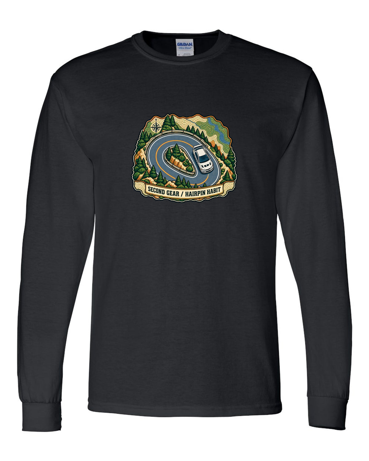 Topographic route map print for the Mitsubishi Evo VII CT9A with second gear hairpin habit text black long sleeve front view with the design
