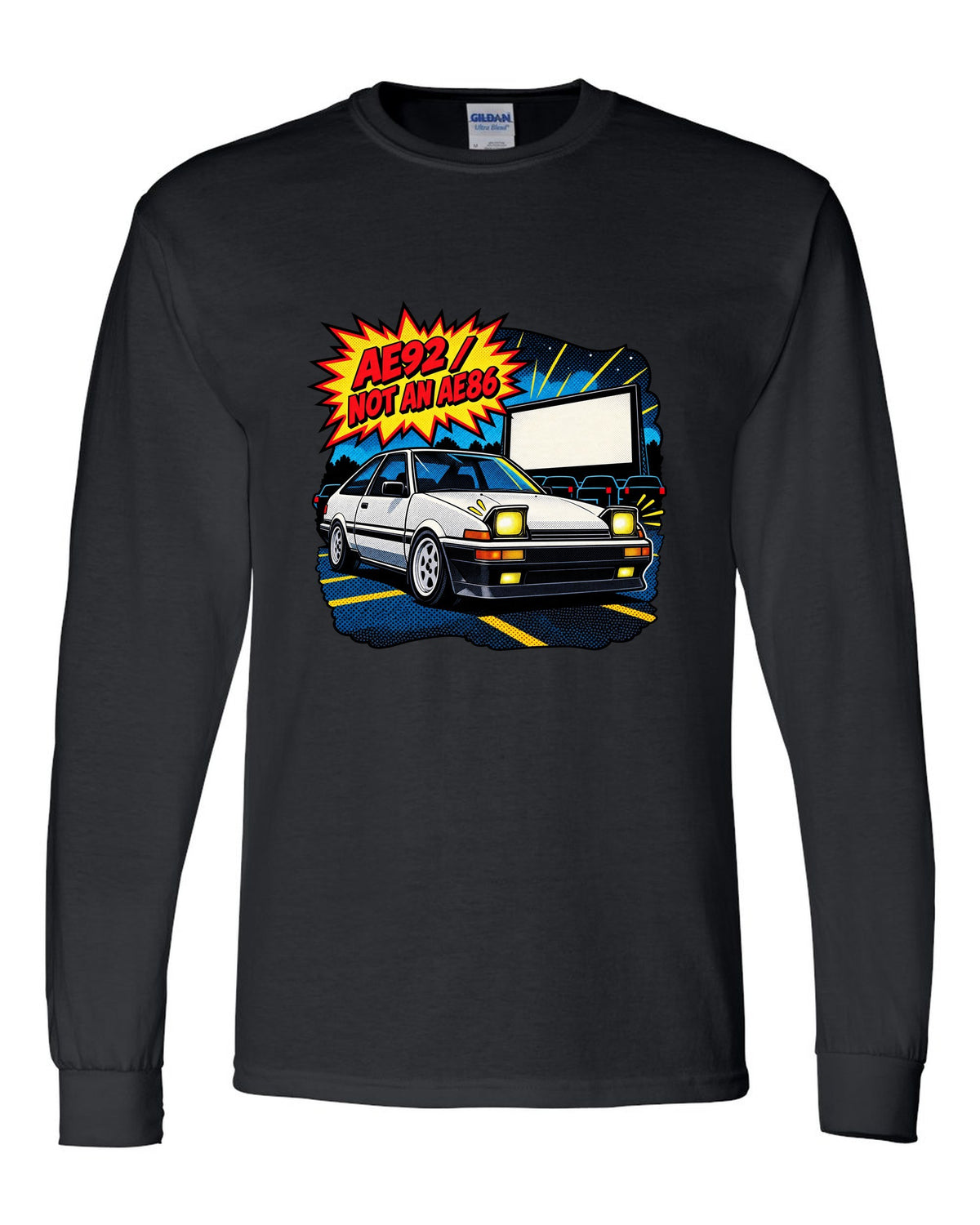 Comic halftone pop-art of a Toyota Corolla AE92 Trueno with the text AE92 Not an AE86 black long sleeve front view with the design