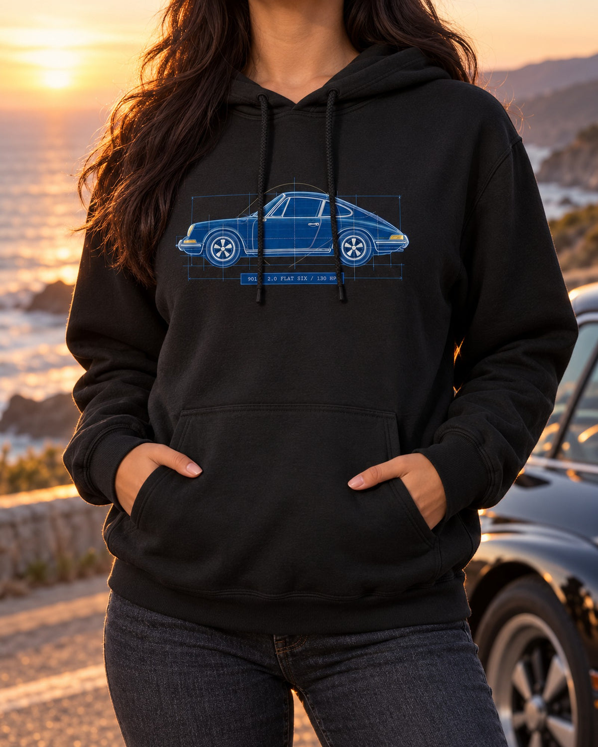Porsche 911 901 1964 Cyanotype Blueprint Profile Shirt Pull Over Hoodie Black worn hero